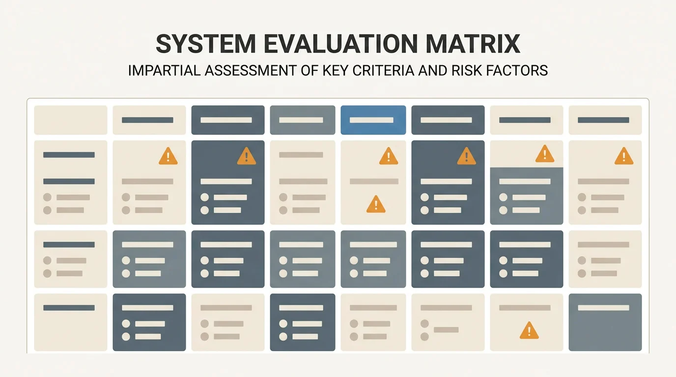 Abstract scorecard grid marking objective risk markers across operator profiles rather than ranking them