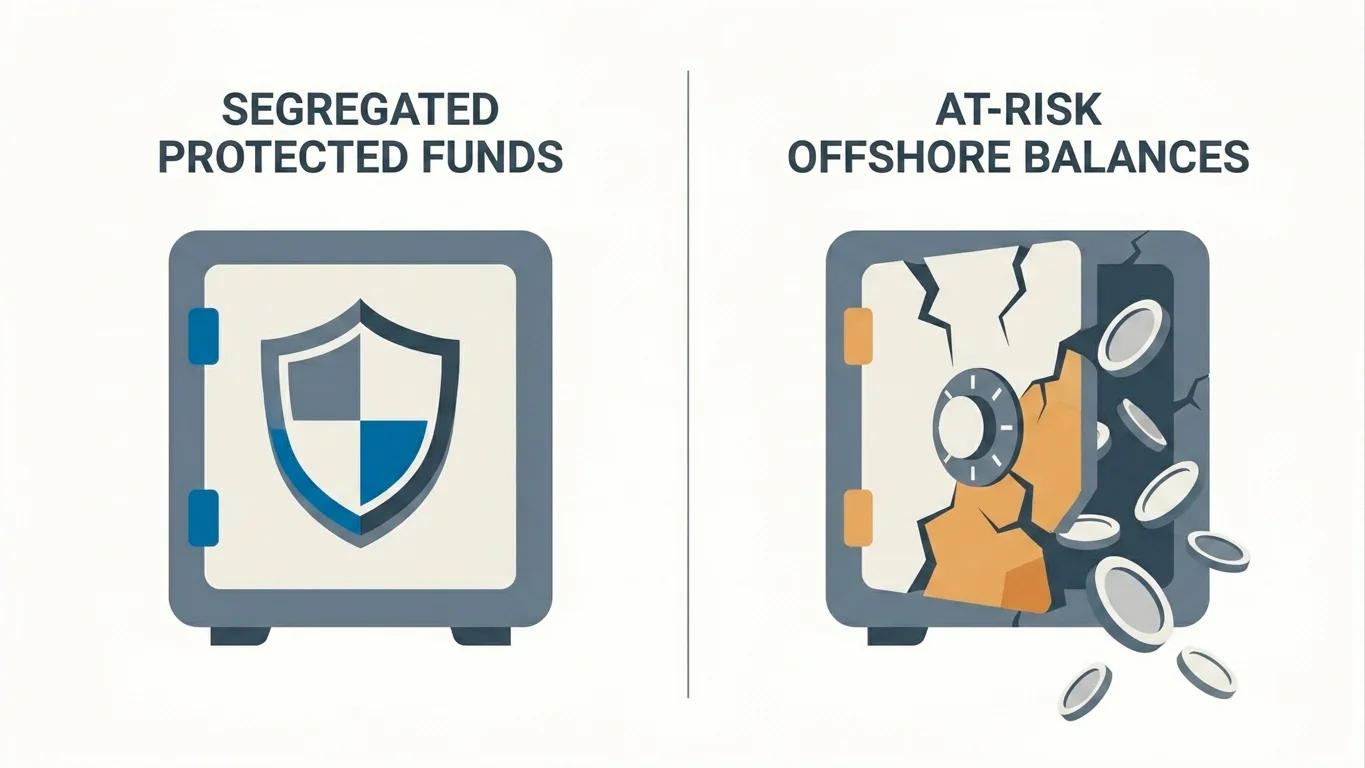 Illustration contrasting protected segregated player funds with at-risk balances held offshore
