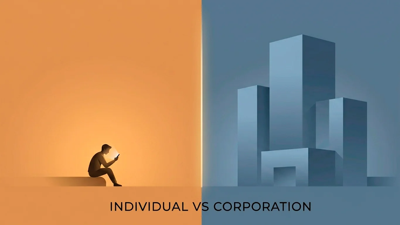 A split illustration contrasting an individual player on one side and a corporate operator on the other, showing how UK gambling law treats them differently.