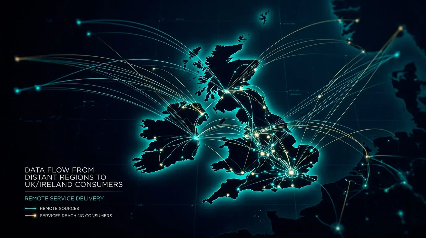 A map of Great Britain with data connections arriving from overseas servers, representing the point-of-consumption licensing principle.