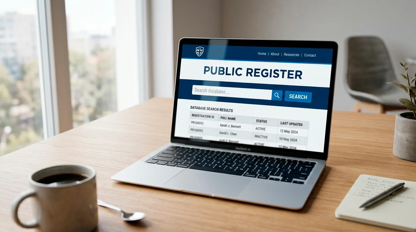 A regulator's public register web page on a laptop with a search field for entering a licence number, illustrating independent verification.