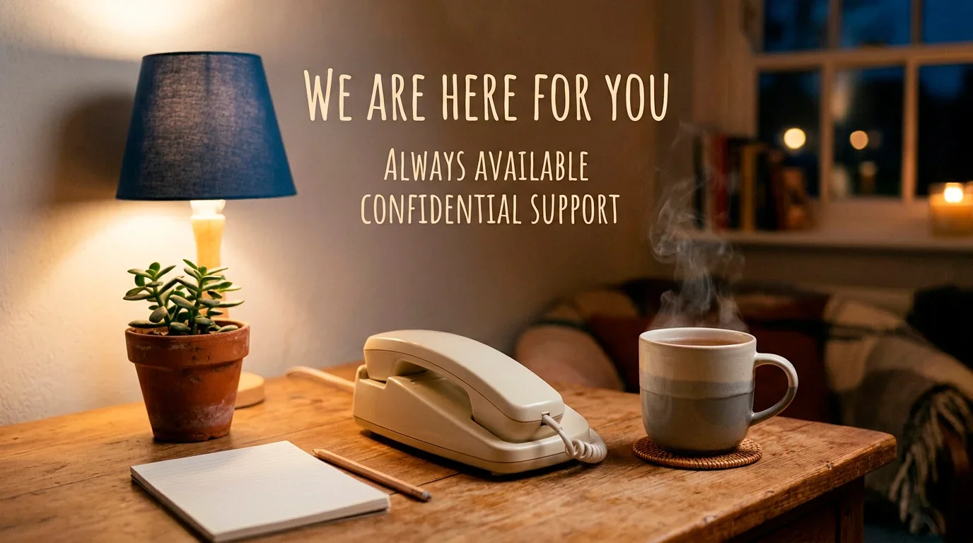 Softly lit desk with a telephone handset conveying calm confidential gambling support