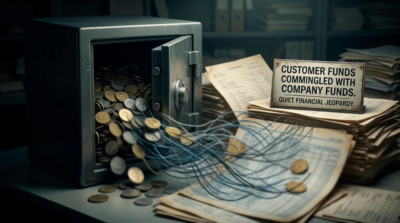 A safe with funds partly merged into a company ledger, illustrating the risk of non-segregated customer balances offshore.