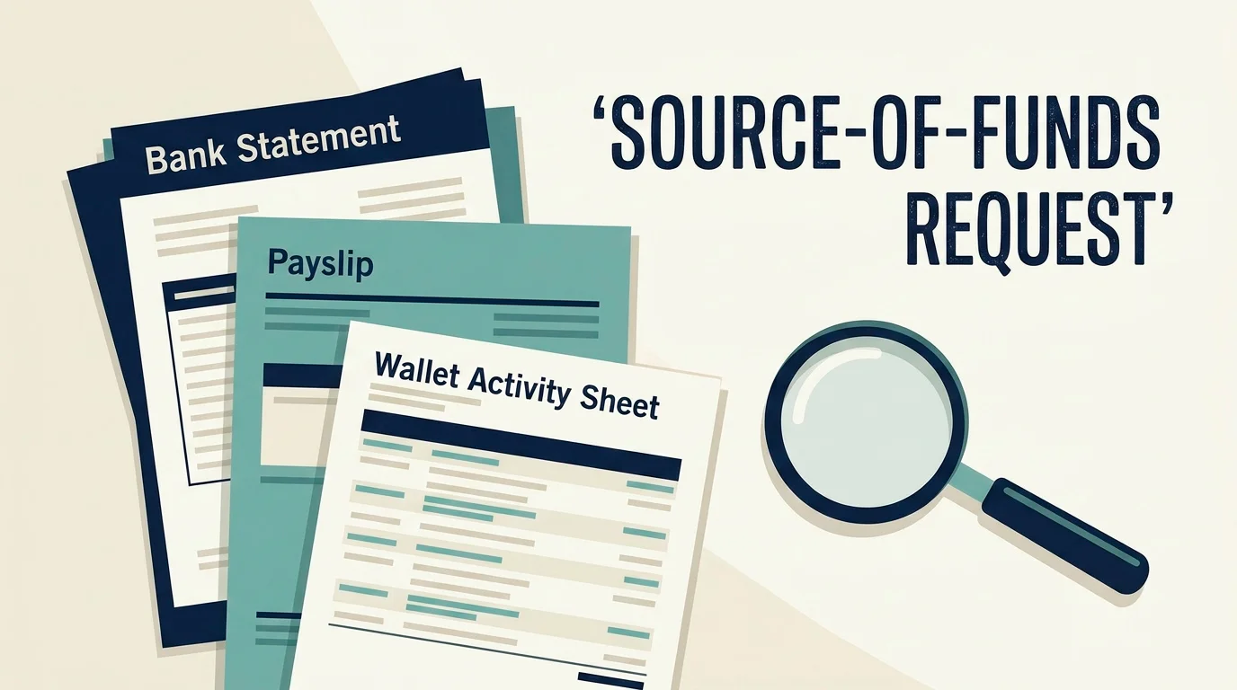 Illustration of a source-of-funds documentation request listing bank statements and proof of income