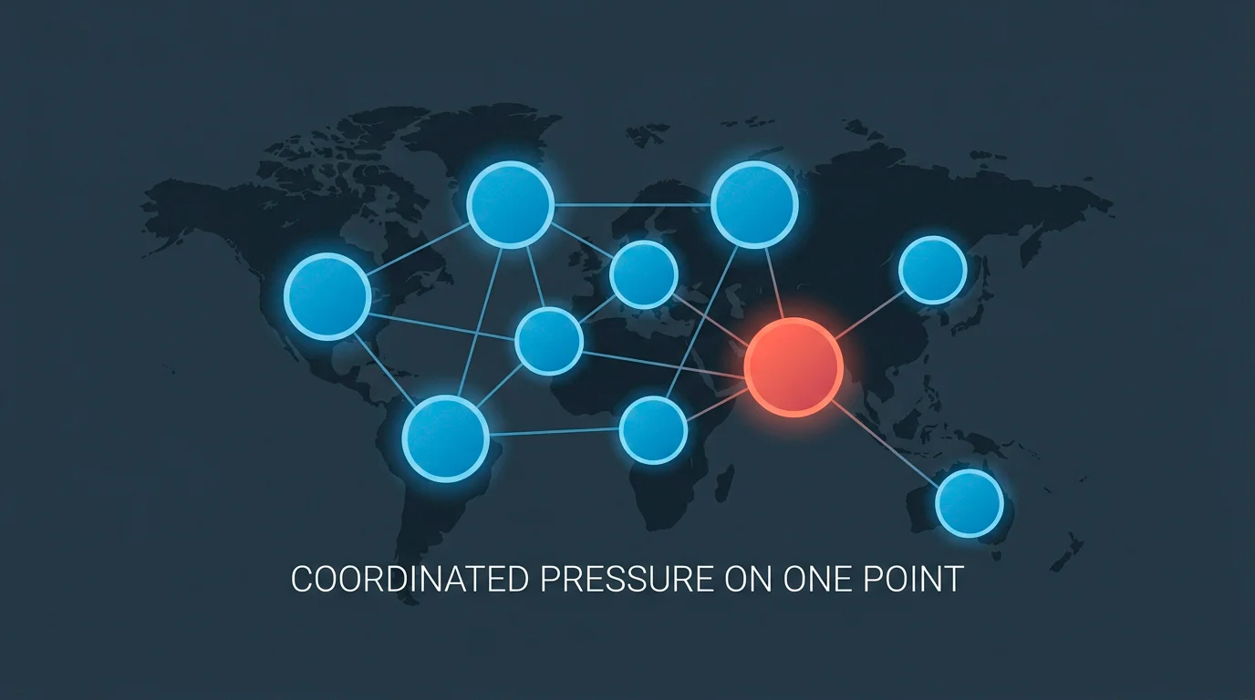 Interconnected nodes representing banks, regulators and platforms applying coordinated pressure on a single highlighted point.