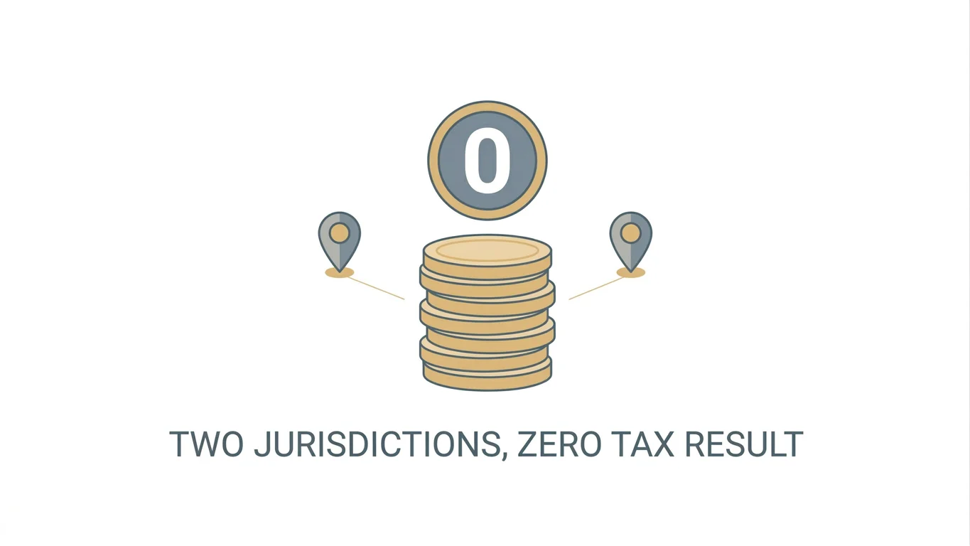 A coin stack labelled with a zero-percent symbol beside two location markers, representing tax-free winnings regardless of jurisdiction.