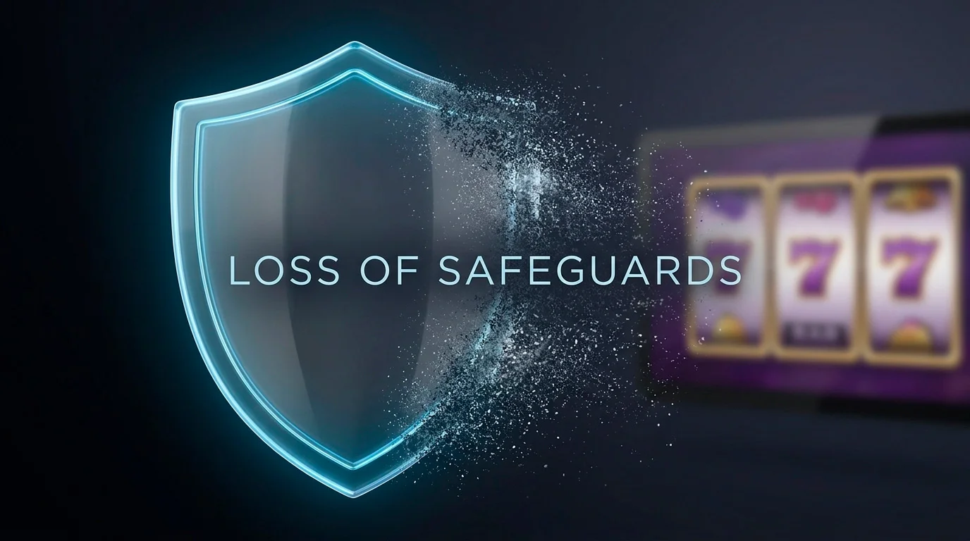 A shield icon fading away beside an offshore casino interface, symbolising the loss of UK regulatory protections.