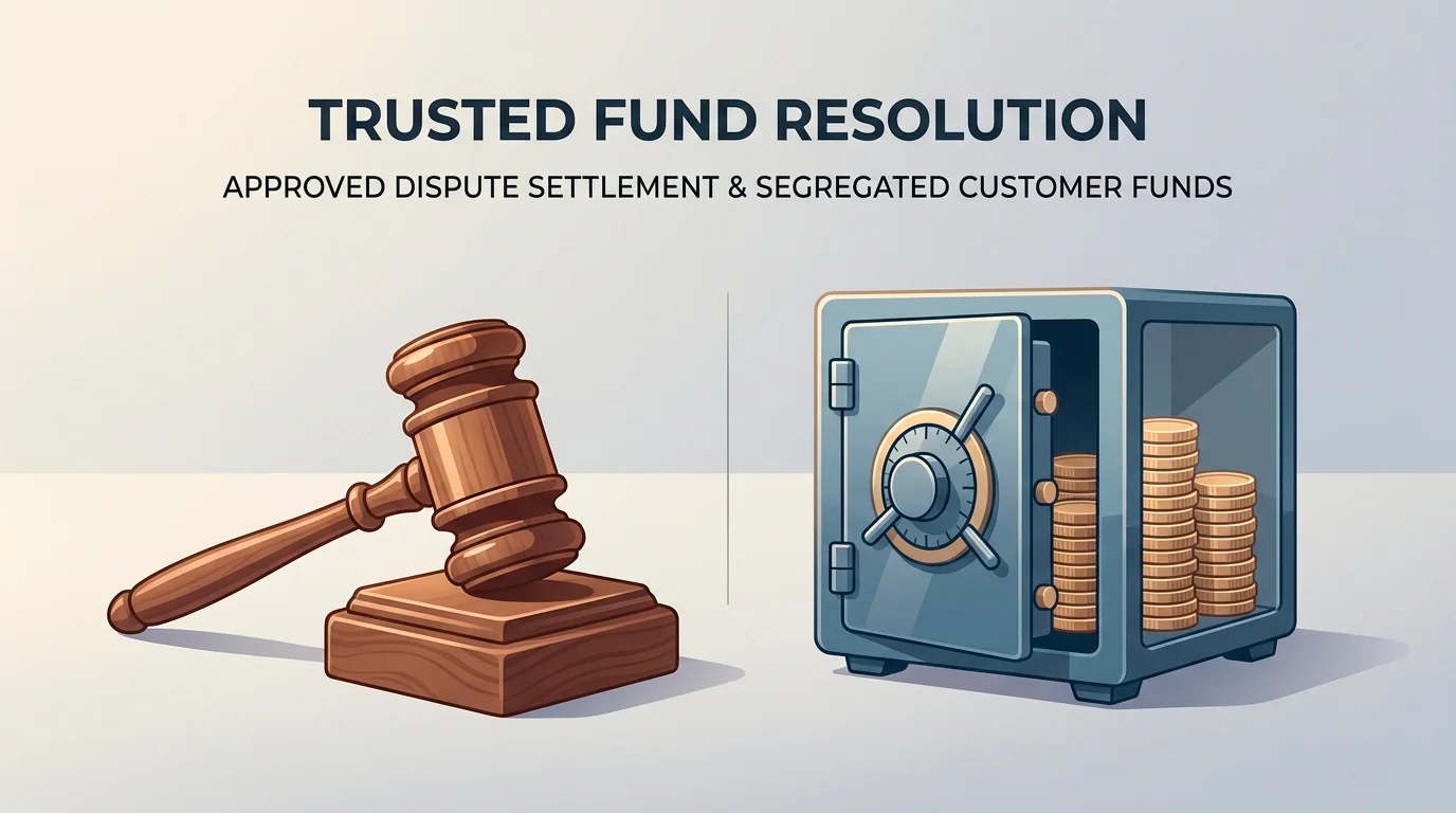 A gavel and a segregated vault icon side by side, representing UKGC-approved dispute resolution and protected customer funds.