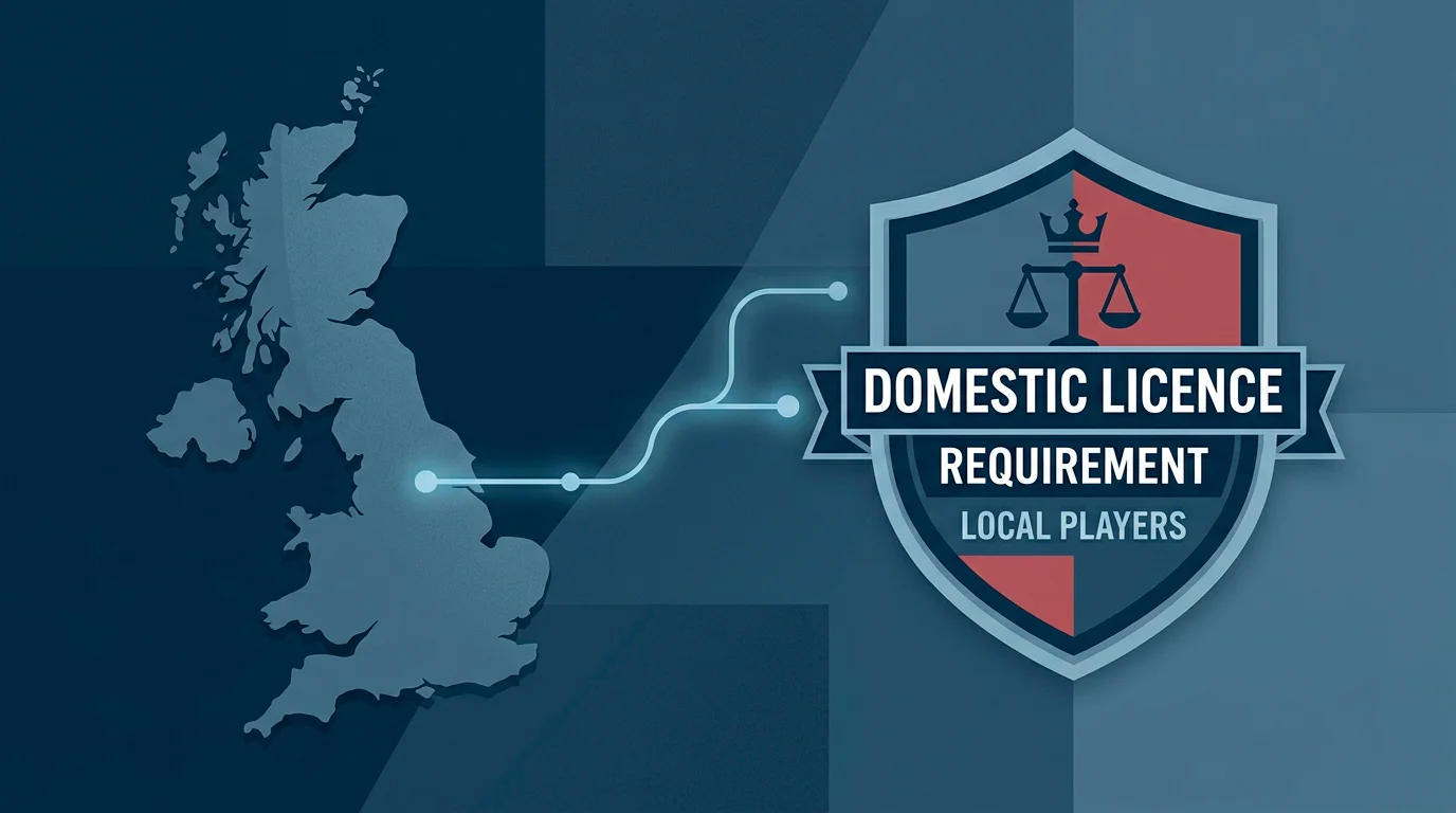Illustration of a UK map linked to a regulatory shield showing the domestic licence requirement for serving British players
